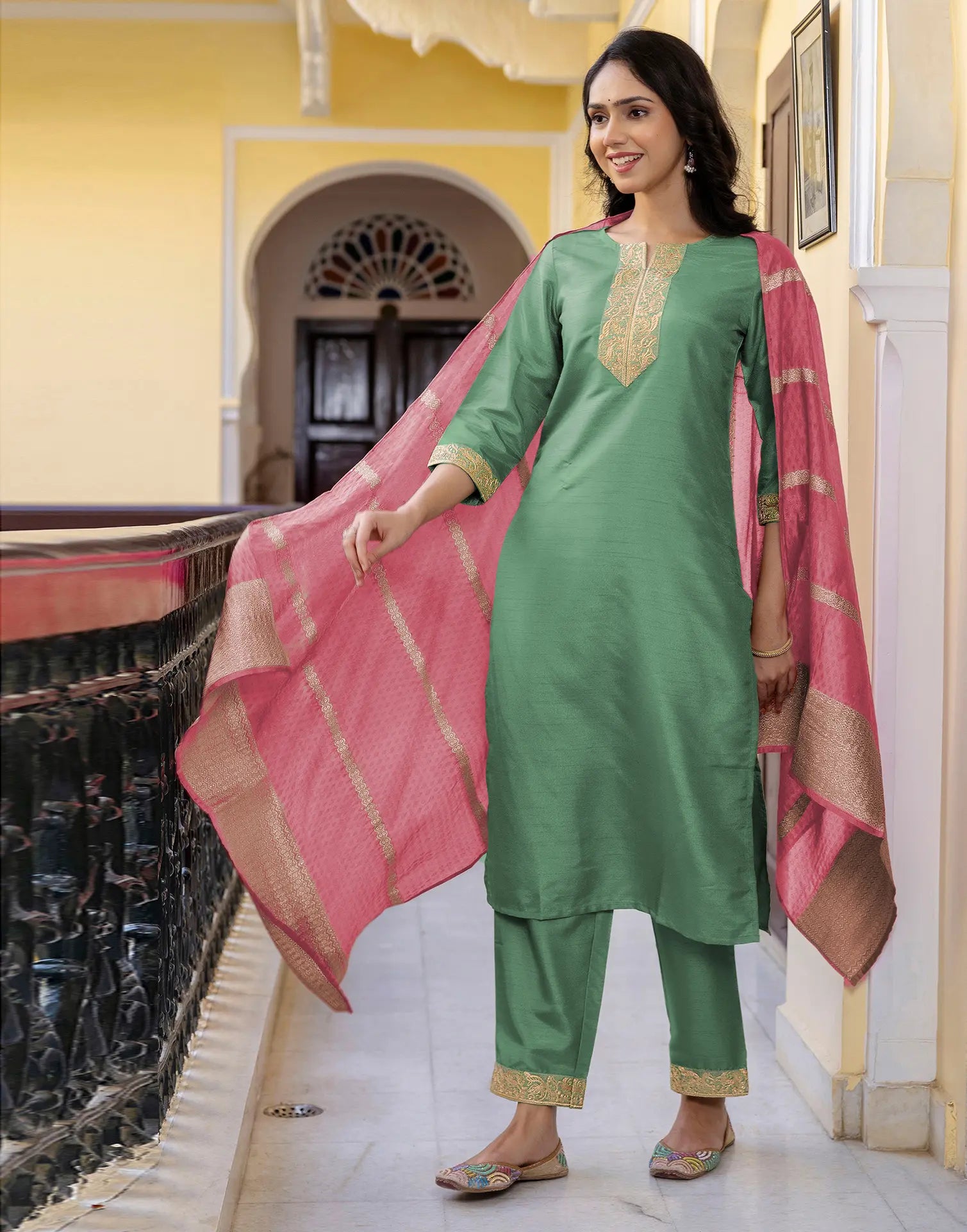 Silk Blend Embroidered Straight 3 Piece Kurta Set