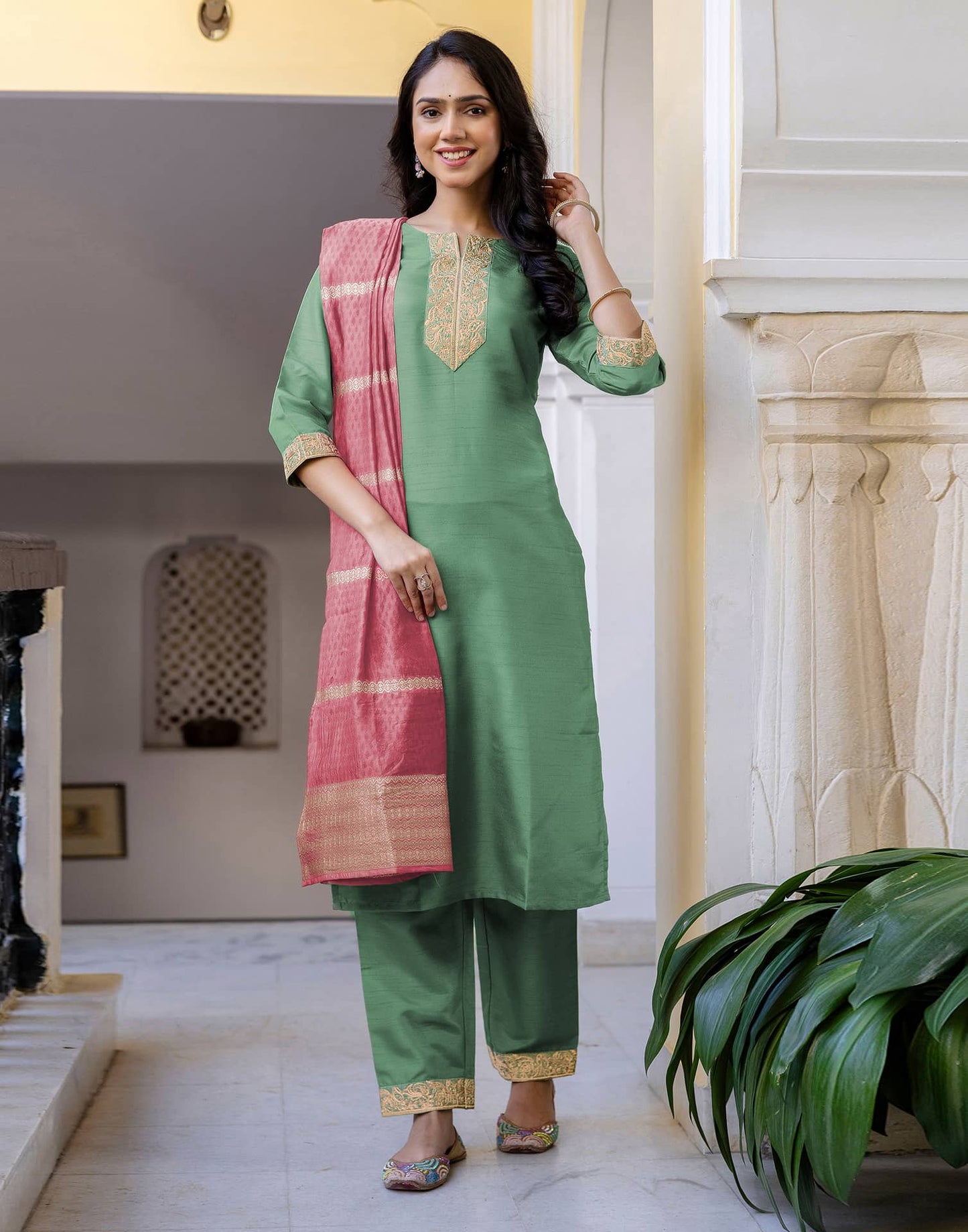 Silk Embroidered Straight Kurta with Pant & Dupatta