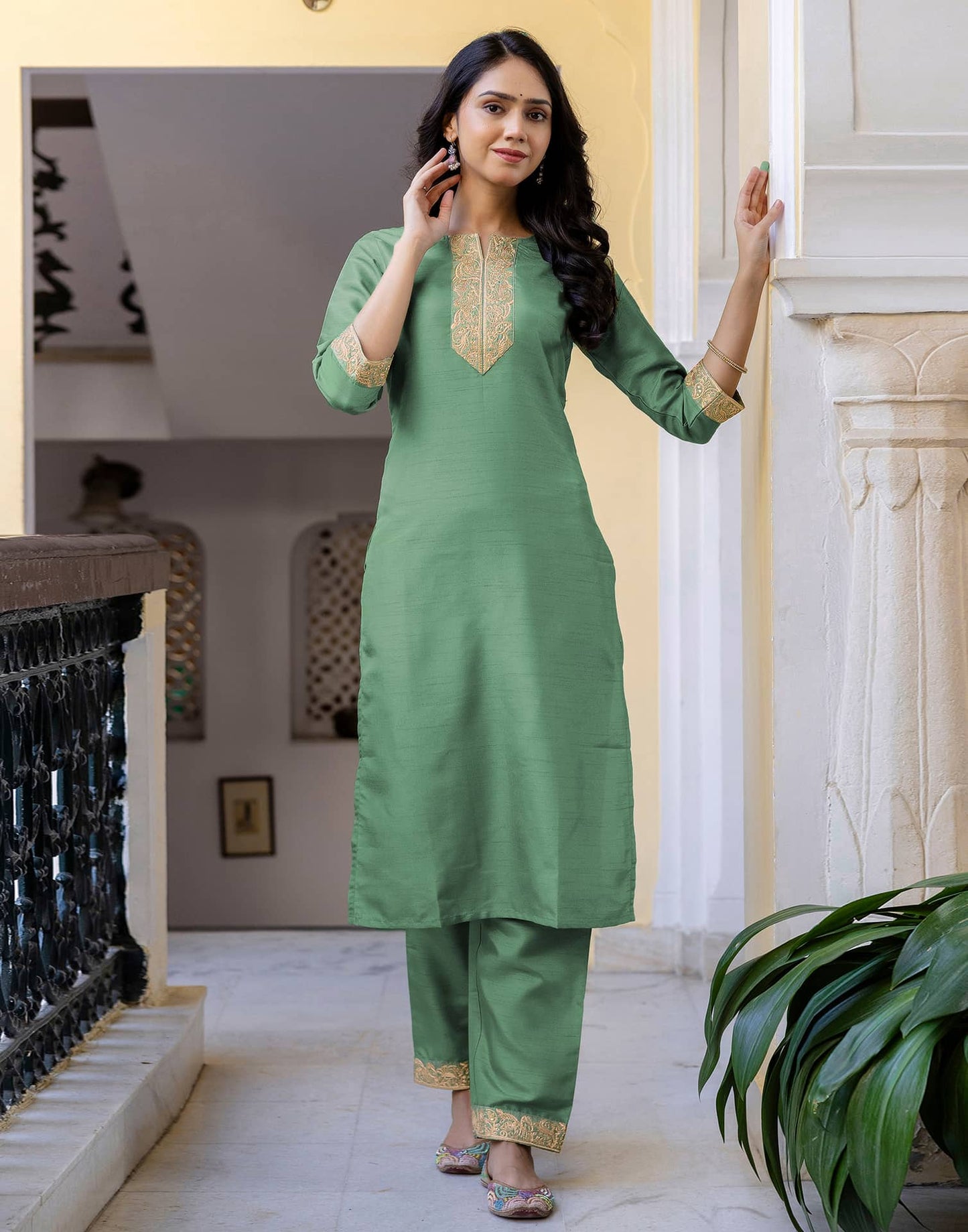 Silk Embroidered Straight Kurta with Pant & Dupatta