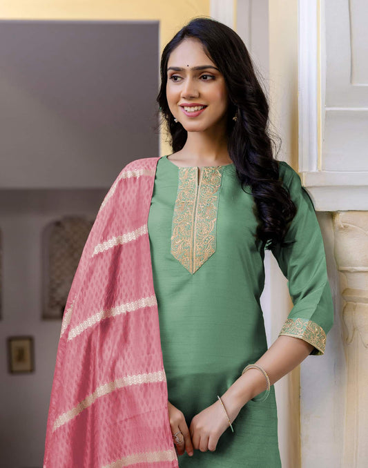 Silk Embroidered Straight Kurta with Pant & Dupatta