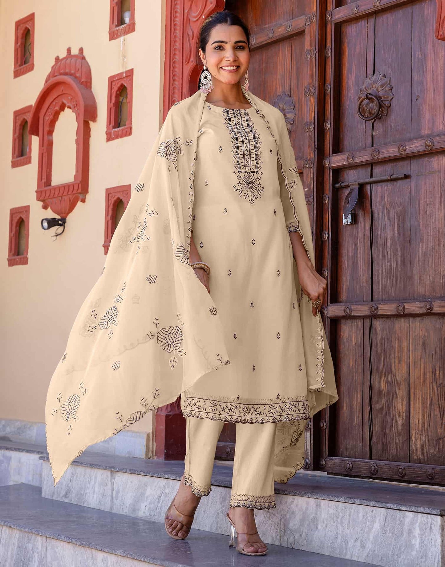 Silk Embroidery and Sequins Work, Lace Straight Kurta with Pant & Dupatta