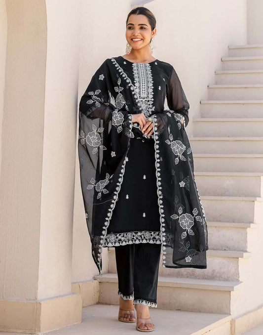 Silk Embroidered Straight Kurta with Pant & Dupatta