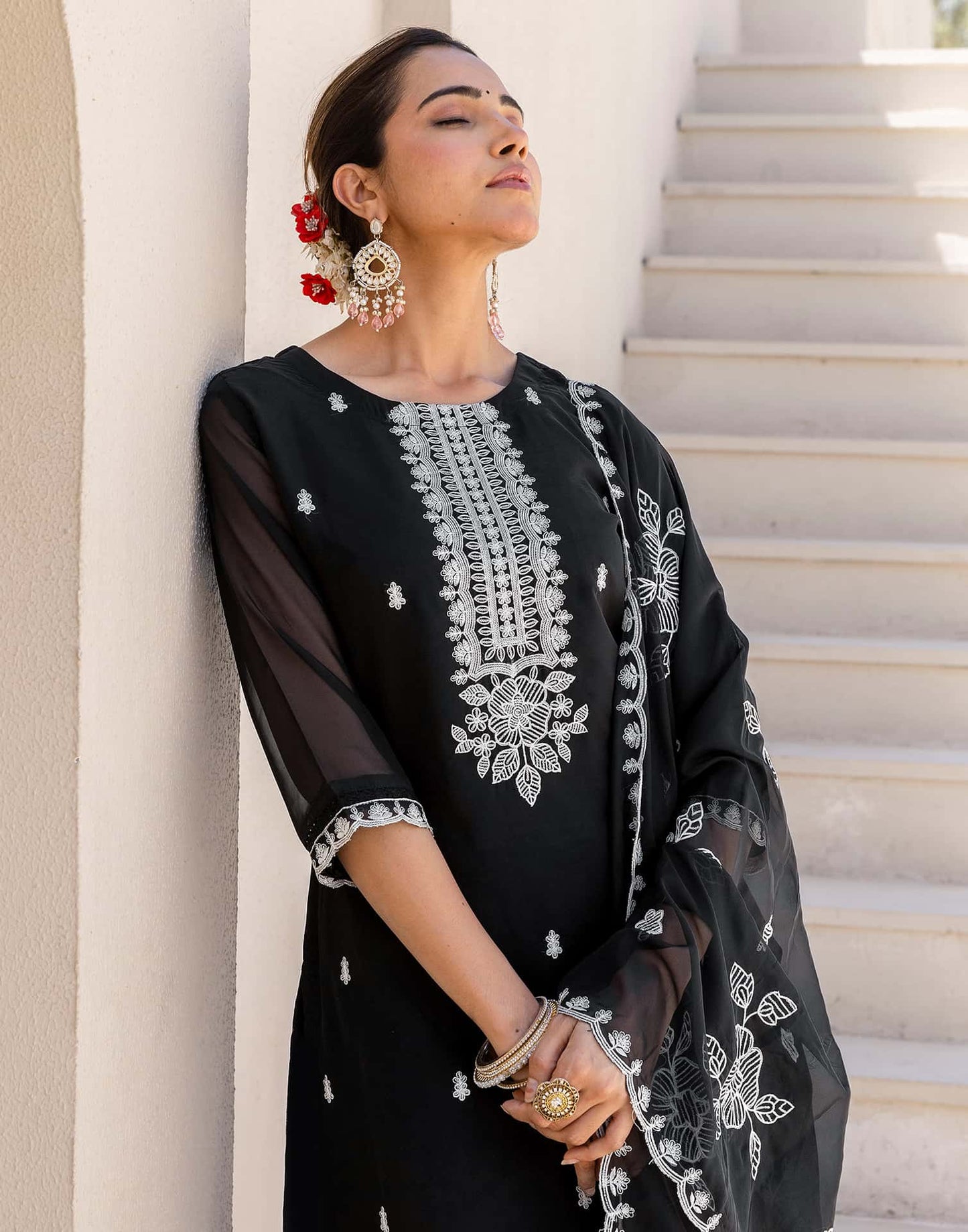 Silk Embroidered Straight Kurta with Pant & Dupatta