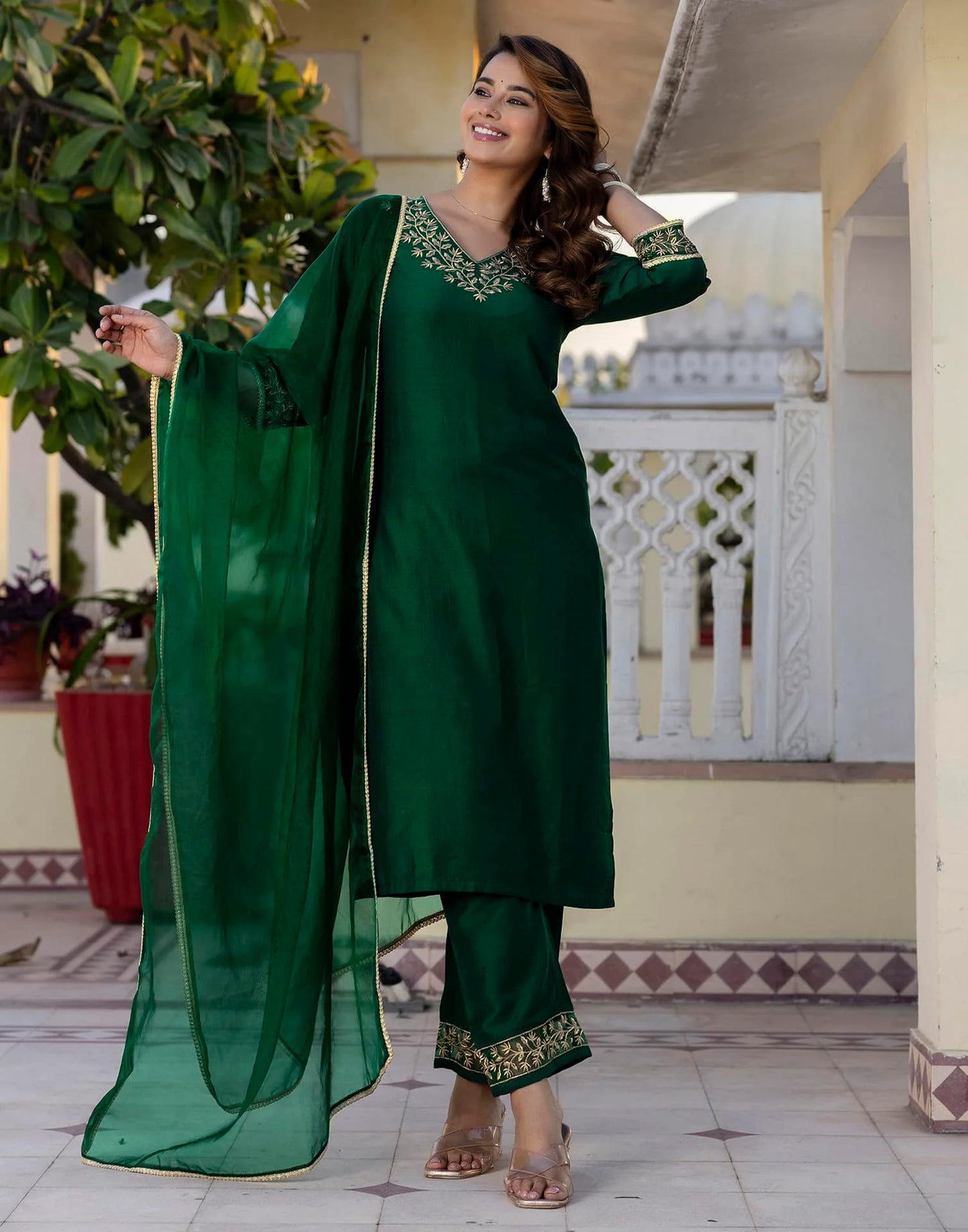 Silk Blend Sequins, Embroidery and Lace Straight Kurta with Pant & Dupatta