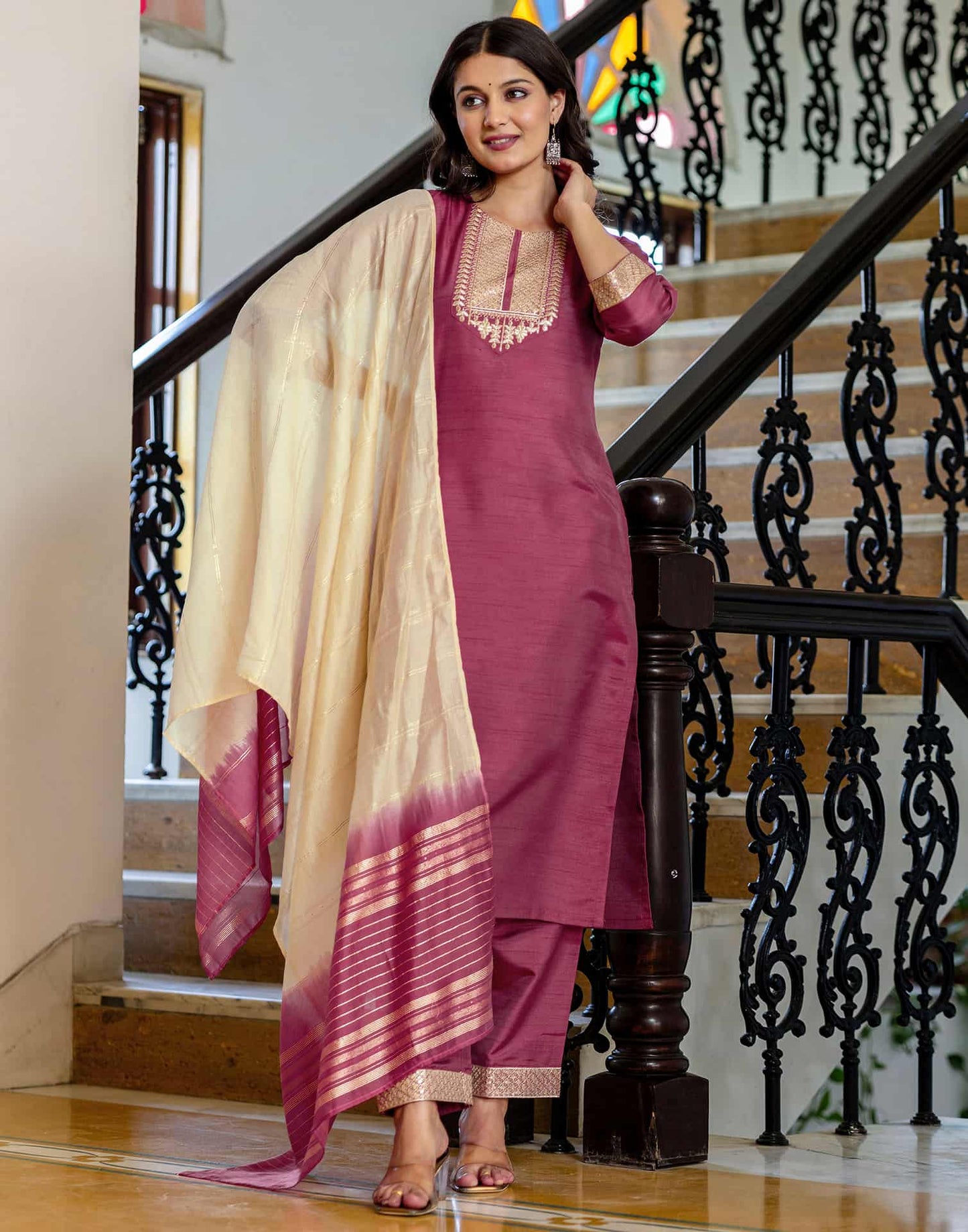 Silk Sequence Straight Kurta with Pant & Dupatta