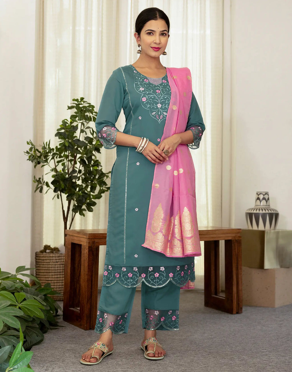 Silk Blend Embroidered Straight 3 Piece Kurta Set