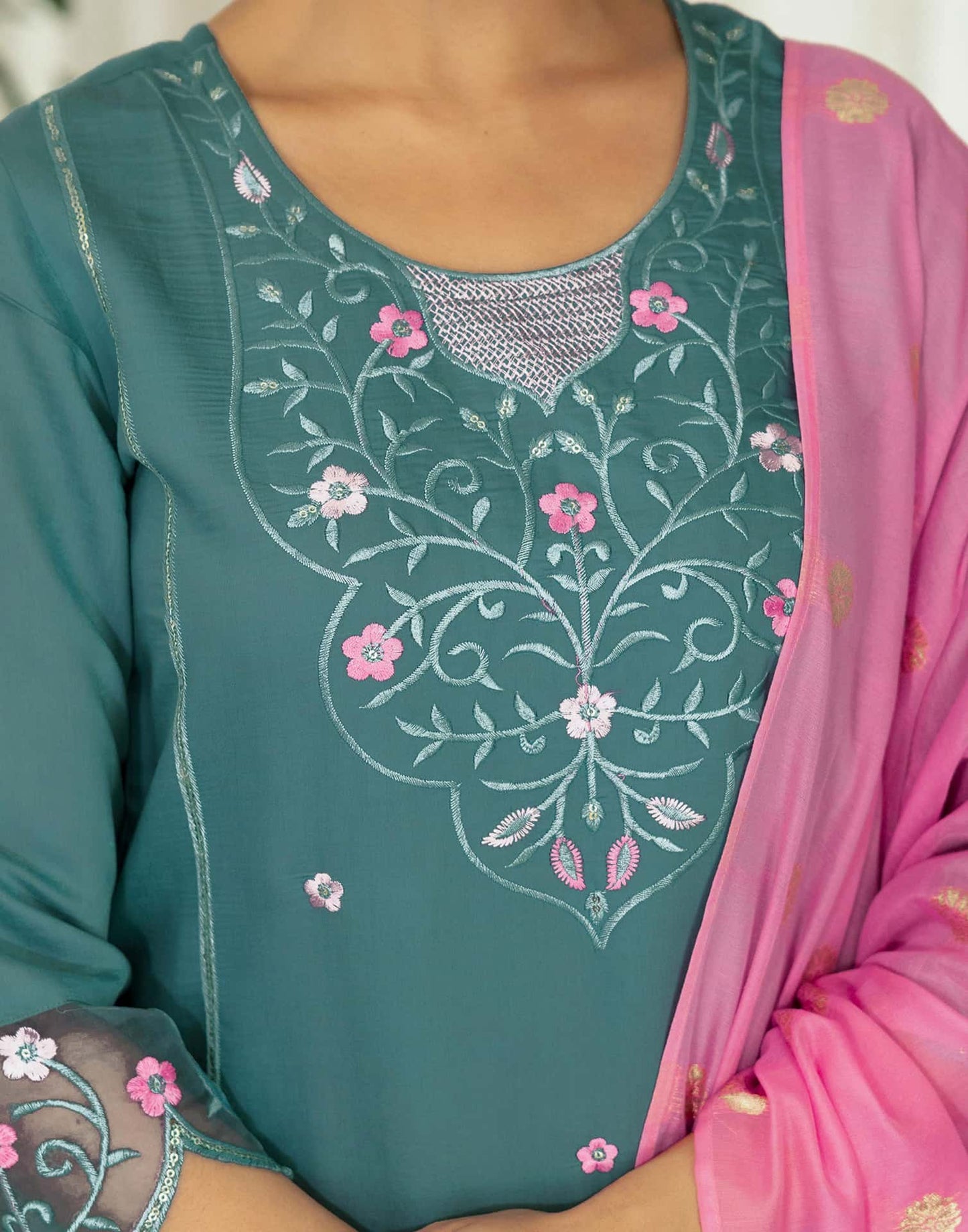 Silk Blend Embroidered Straight Kurta with Pant & Dupatta