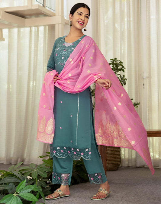 Silk Blend Embroidered Straight Kurta with Pant & Dupatta