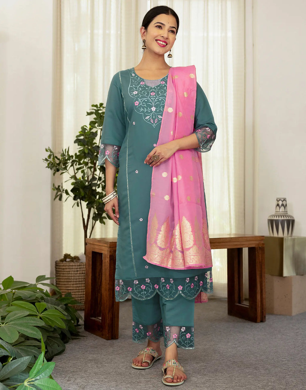 Silk Blend Embroidered Straight 3 Piece Kurta Set