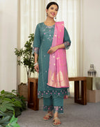 Silk Blend Embroidered Straight 3 Piece Kurta Set