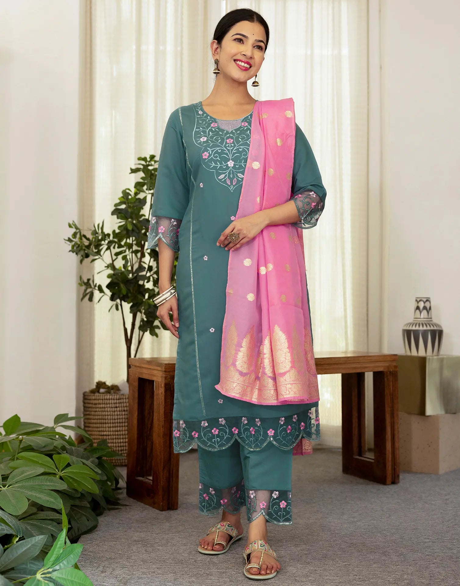 Silk Blend Embroidered Straight 3 Piece Kurta Set