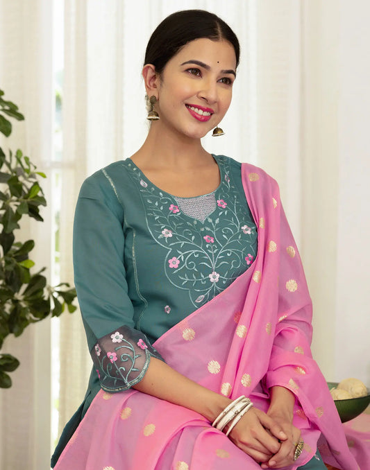 Silk Blend Embroidered Straight 3 Piece Kurta Set