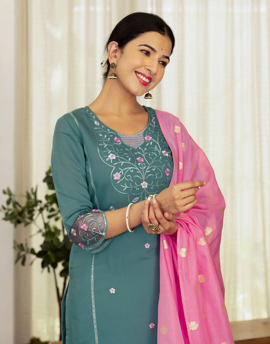 Silk Blend Embroidered Straight Kurta with Pant & Dupatta