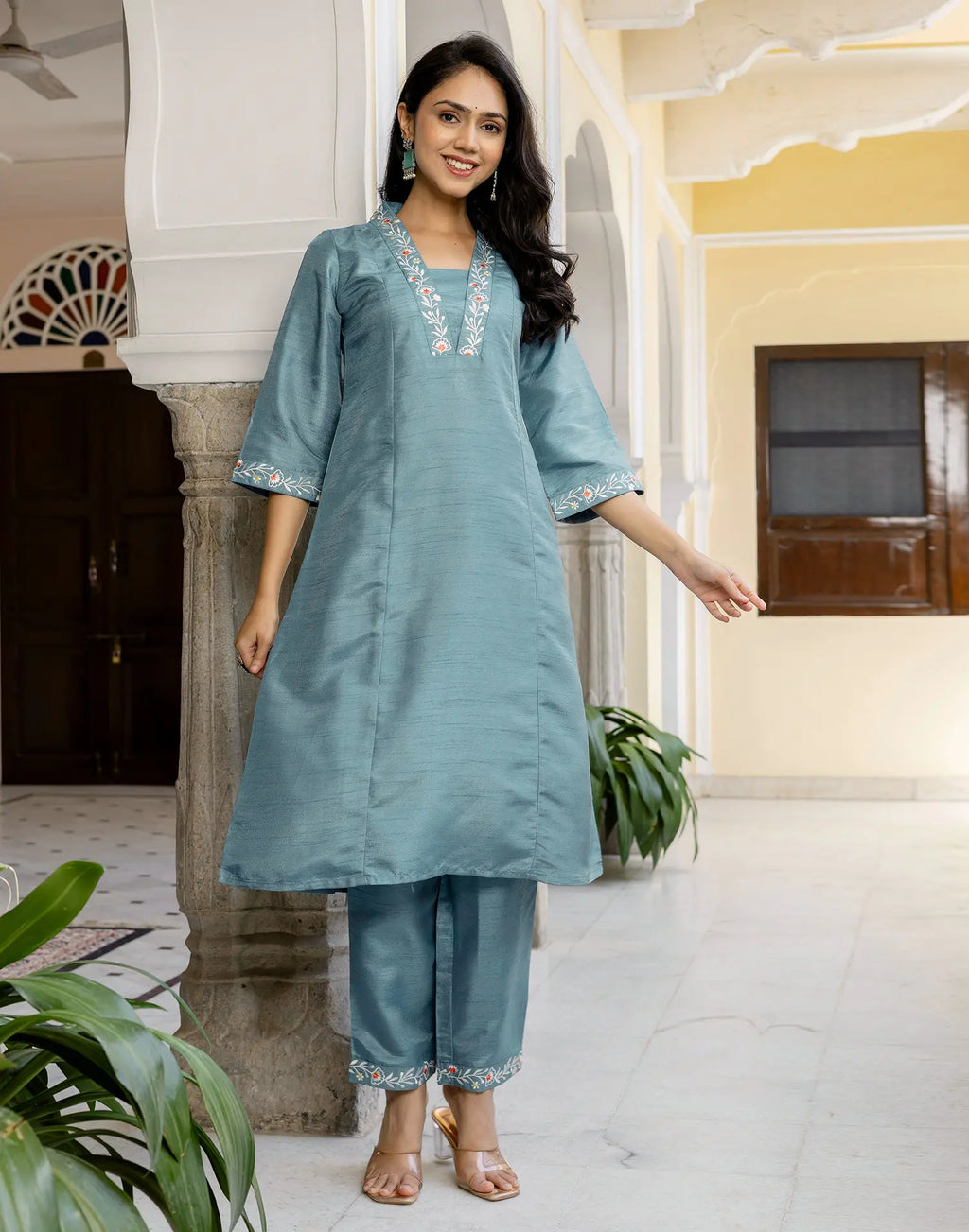 Silk Blend Embroidered A-Line 3 Piece Kurta Set