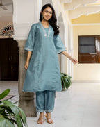 Silk Blend Embroidered A-Line 3 Piece Kurta Set