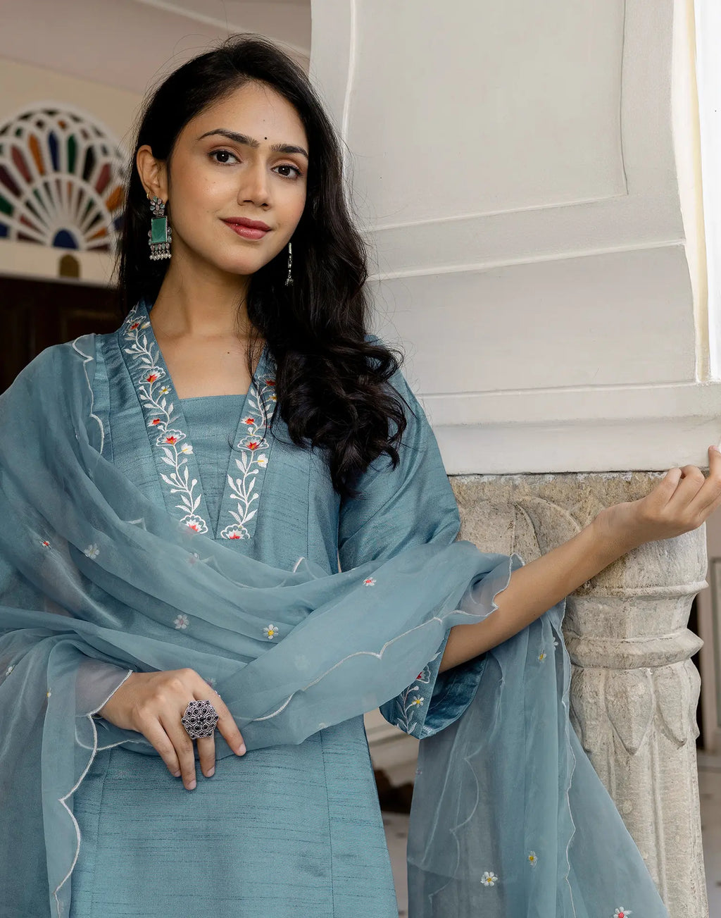 Silk Blend Embroidered A-Line 3 Piece Kurta Set