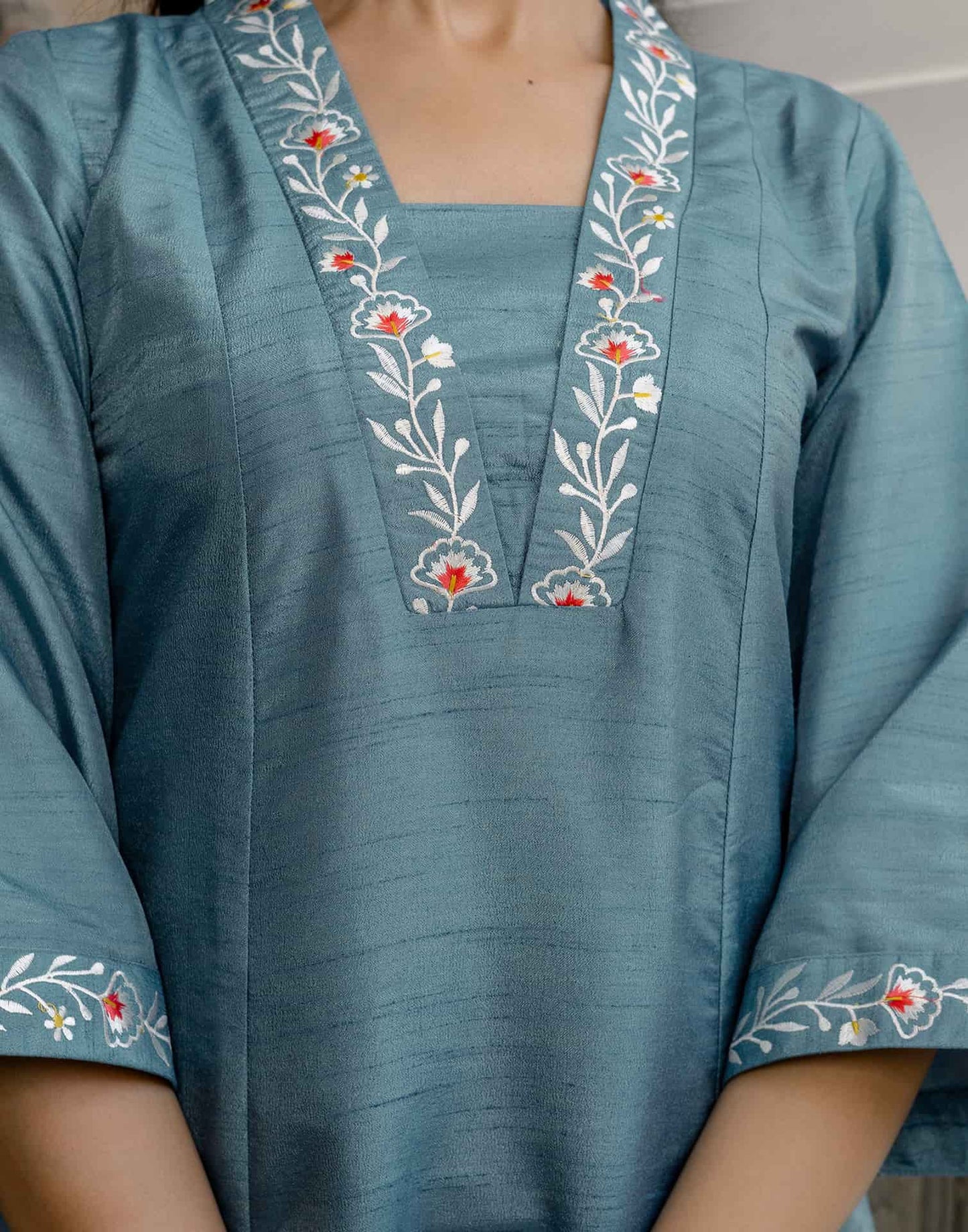 Silk Blend Embroidered Straight Kurta with Pant & Dupatta
