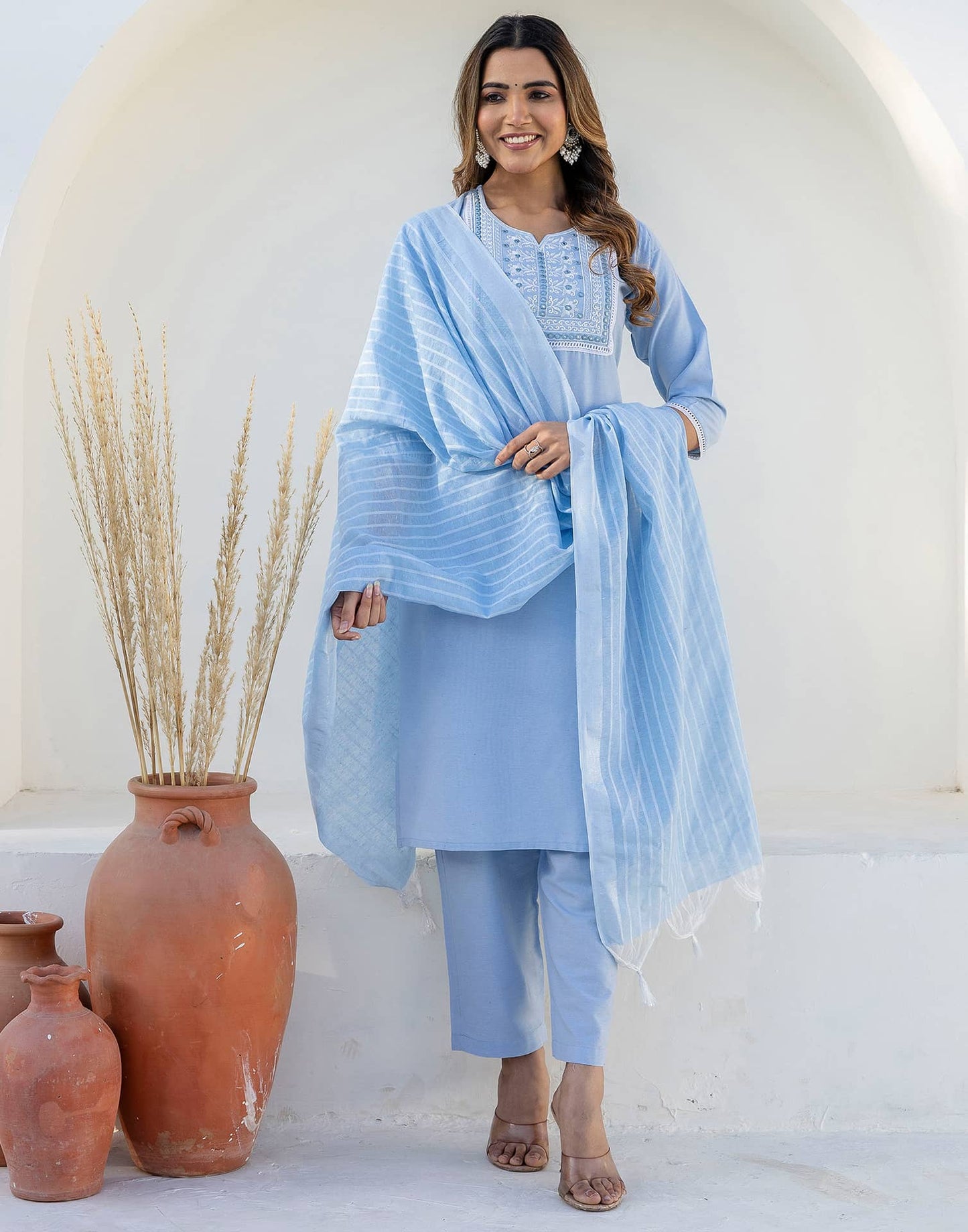Cotton Embroidery and Mirror Work A-Line Kurta with Pant & Dupatta