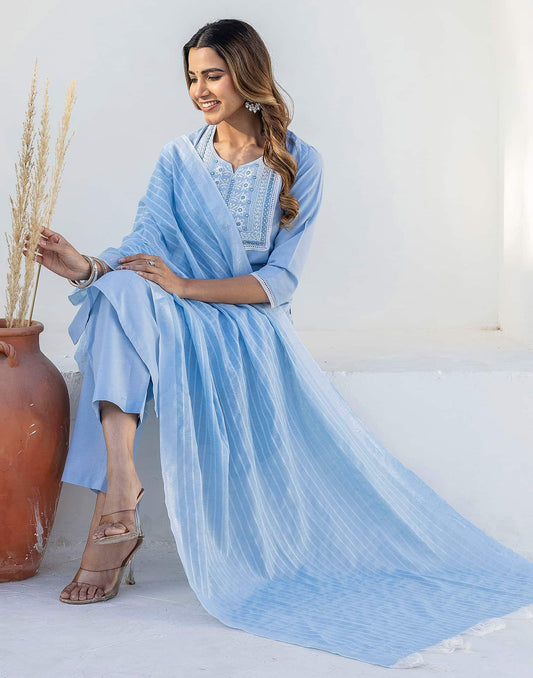 Cotton Embroidery and Mirror Work A-Line Kurta with Pant & Dupatta