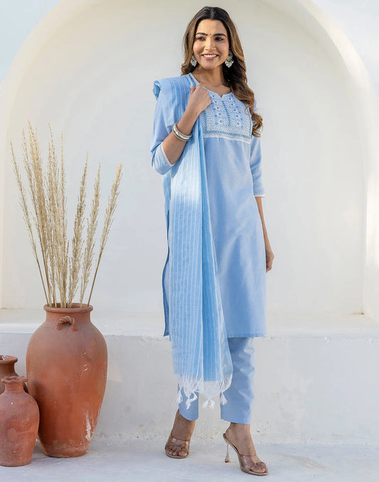 Pure Cotton Embroidered Straight 3 Piece Kurta Set
