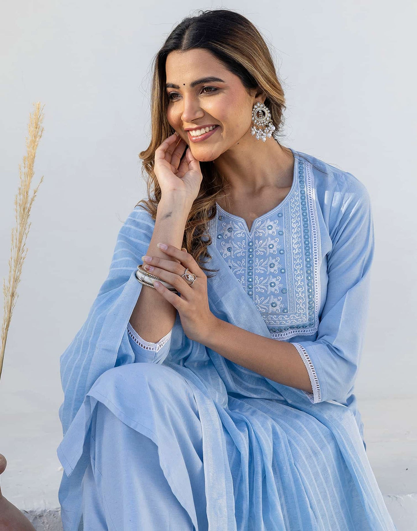 Cotton Embroidery and Mirror Work A-Line Kurta with Pant & Dupatta