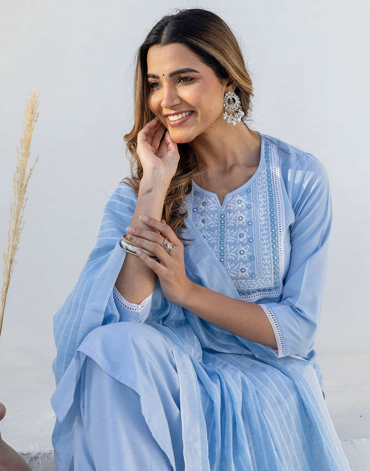 Cotton Embroidery and Mirror Work A-Line Kurta with Pant & Dupatta