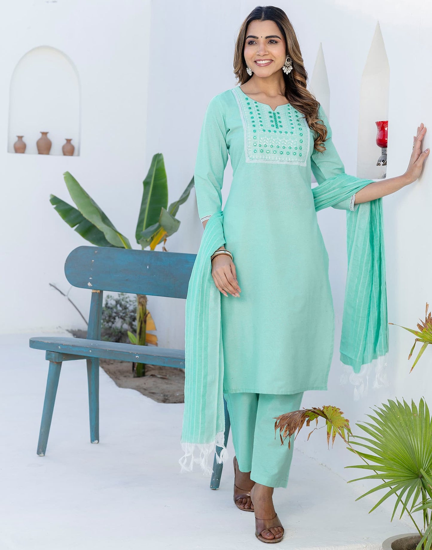 Cotton Embroidery and Mirror Work A-Line Kurta with Pant & Dupatta