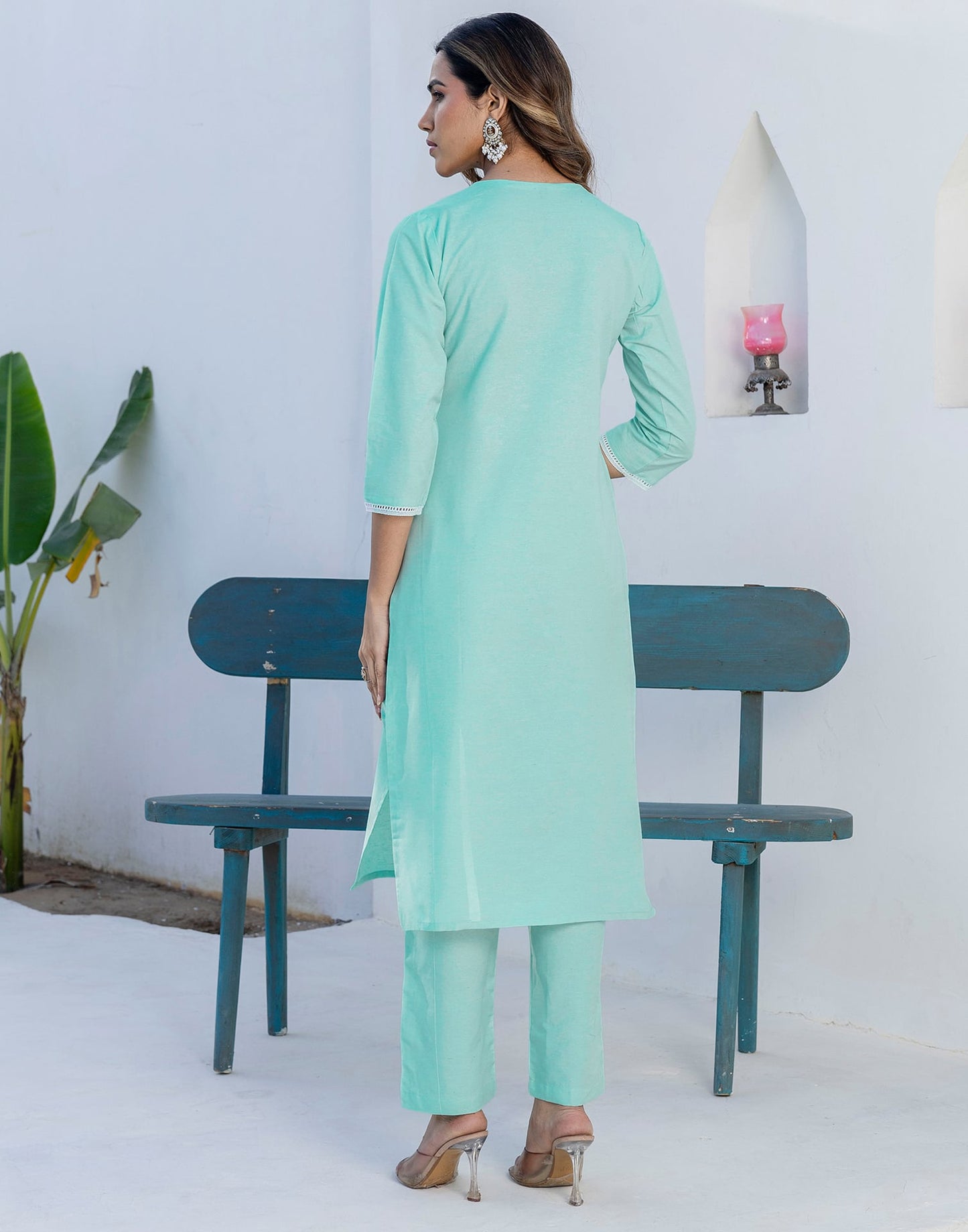 Cotton Embroidery and Mirror Work A-Line Kurta with Pant & Dupatta