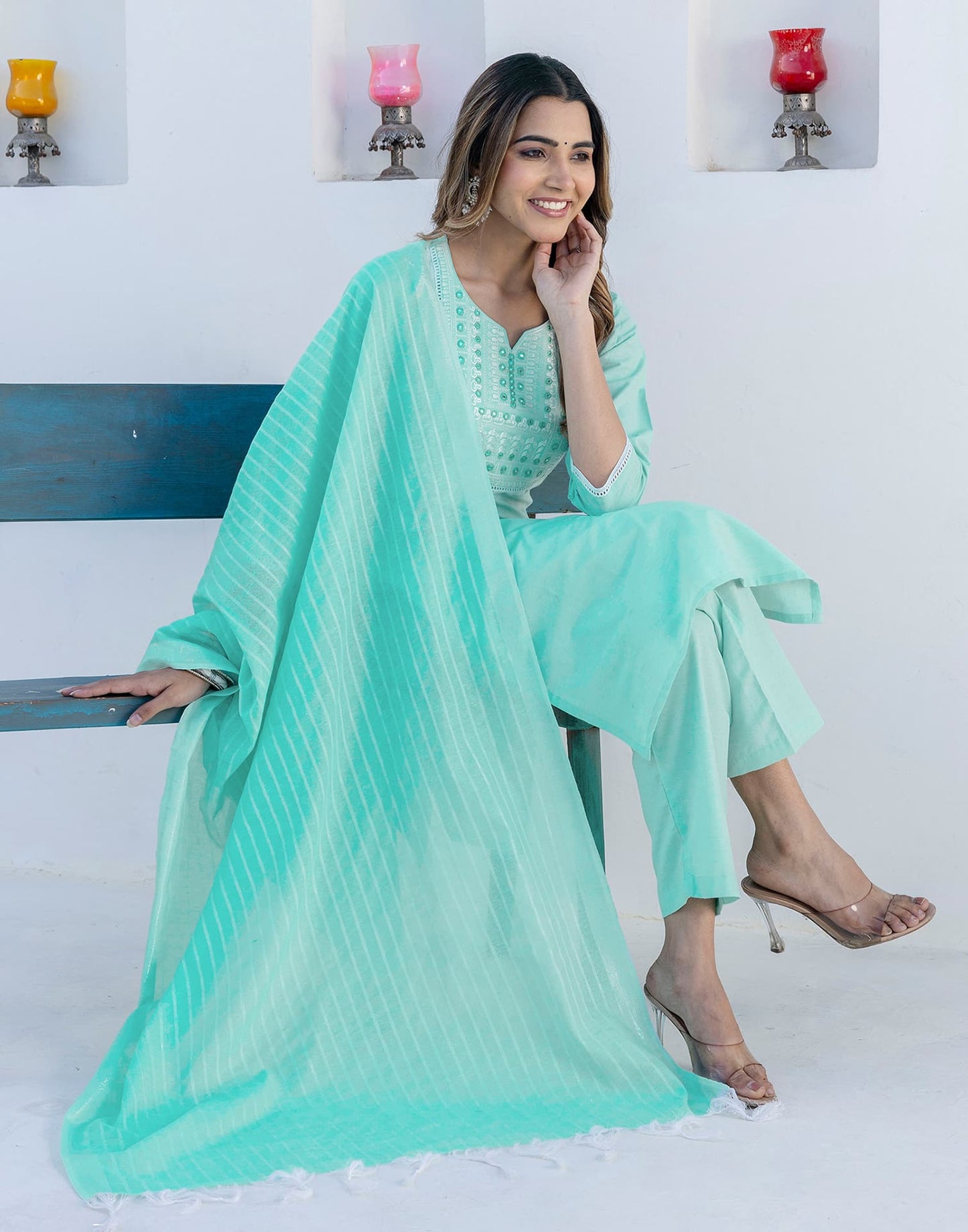 Cotton Embroidery and Mirror Work A-Line Kurta with Pant & Dupatta