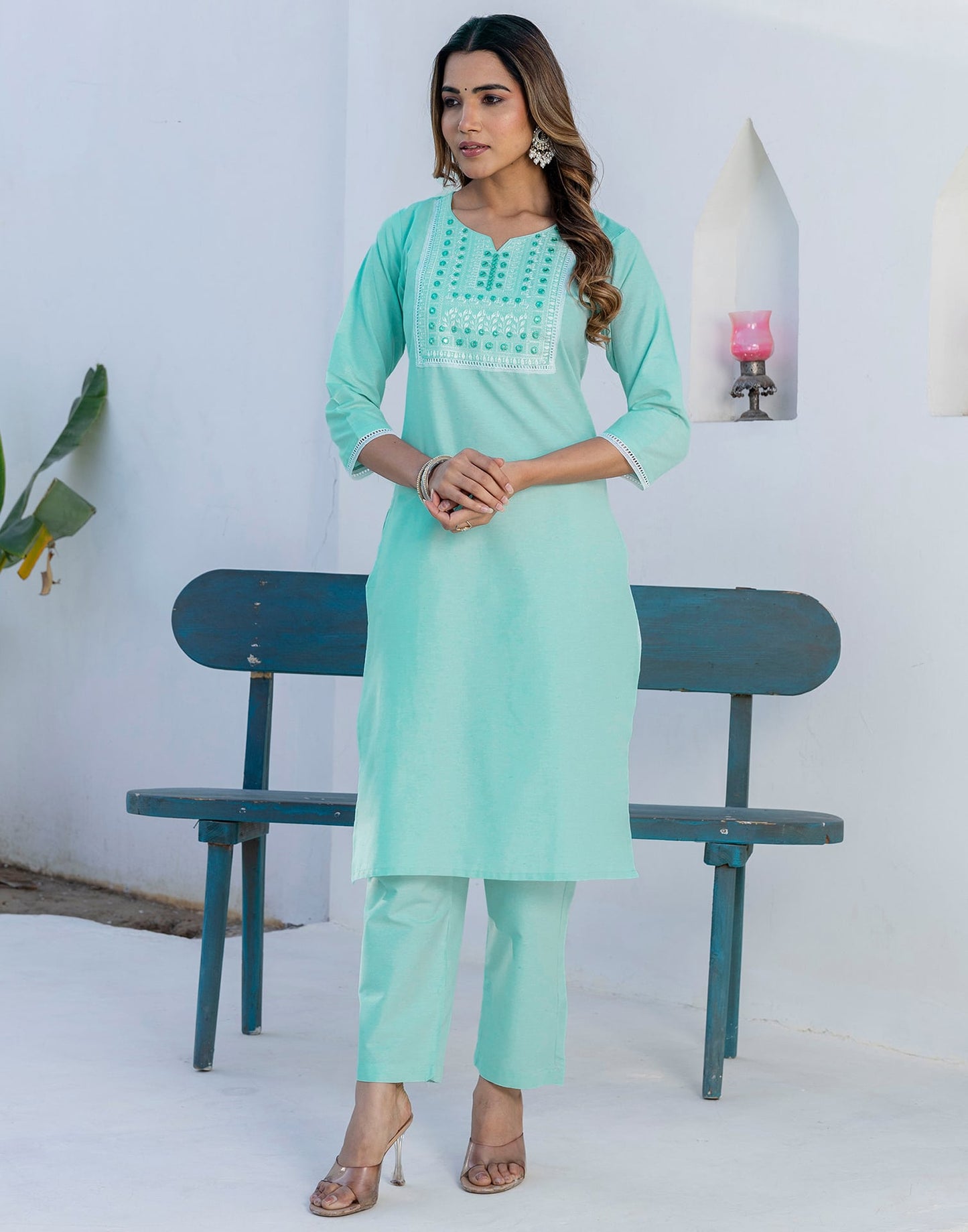 Cotton Embroidery and Mirror Work A-Line Kurta with Pant & Dupatta