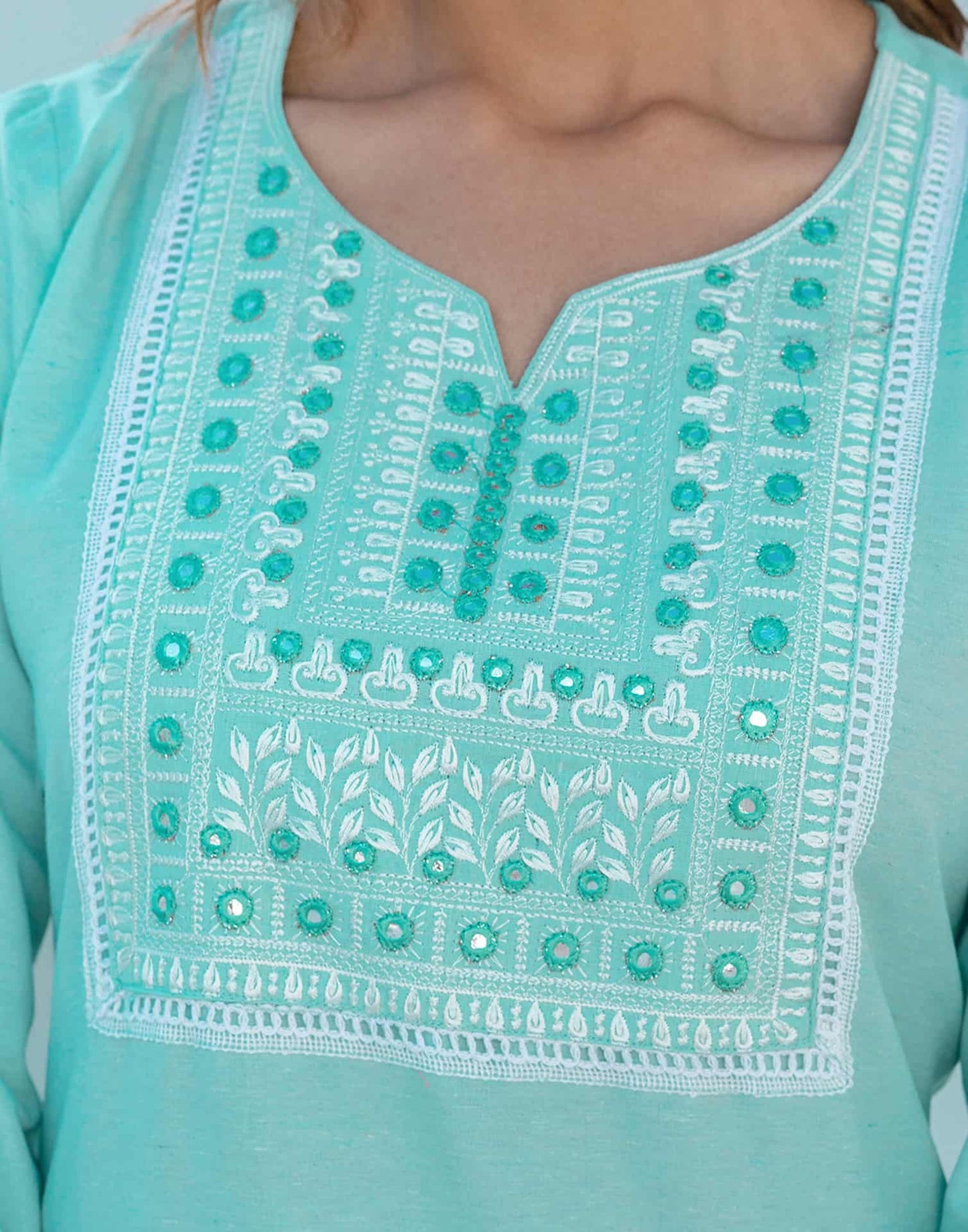 Cotton Embroidery and Mirror Work A-Line Kurta with Pant & Dupatta