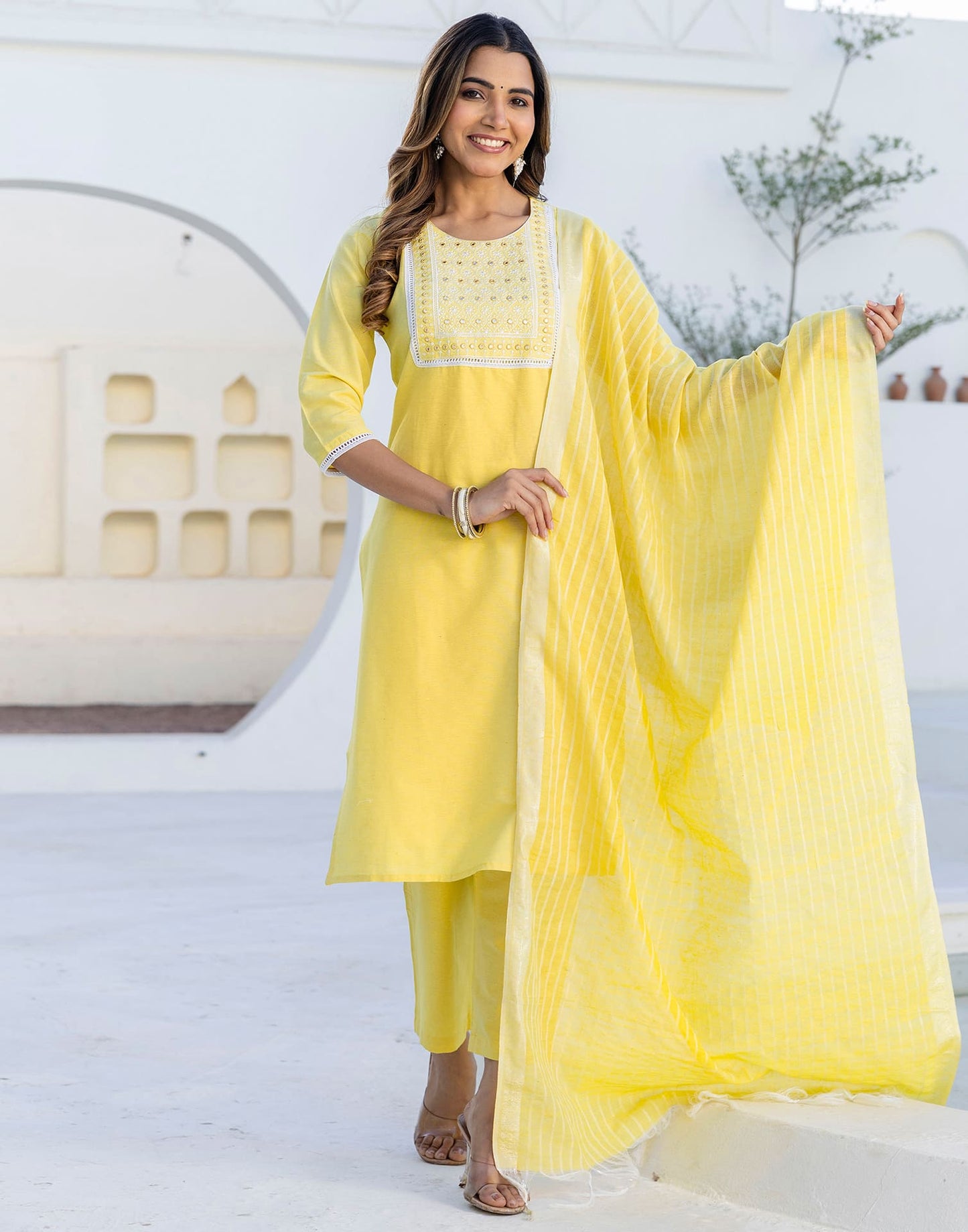 Cotton Embroidery and Mirror Work A-Line Kurta with Pant & Dupatta