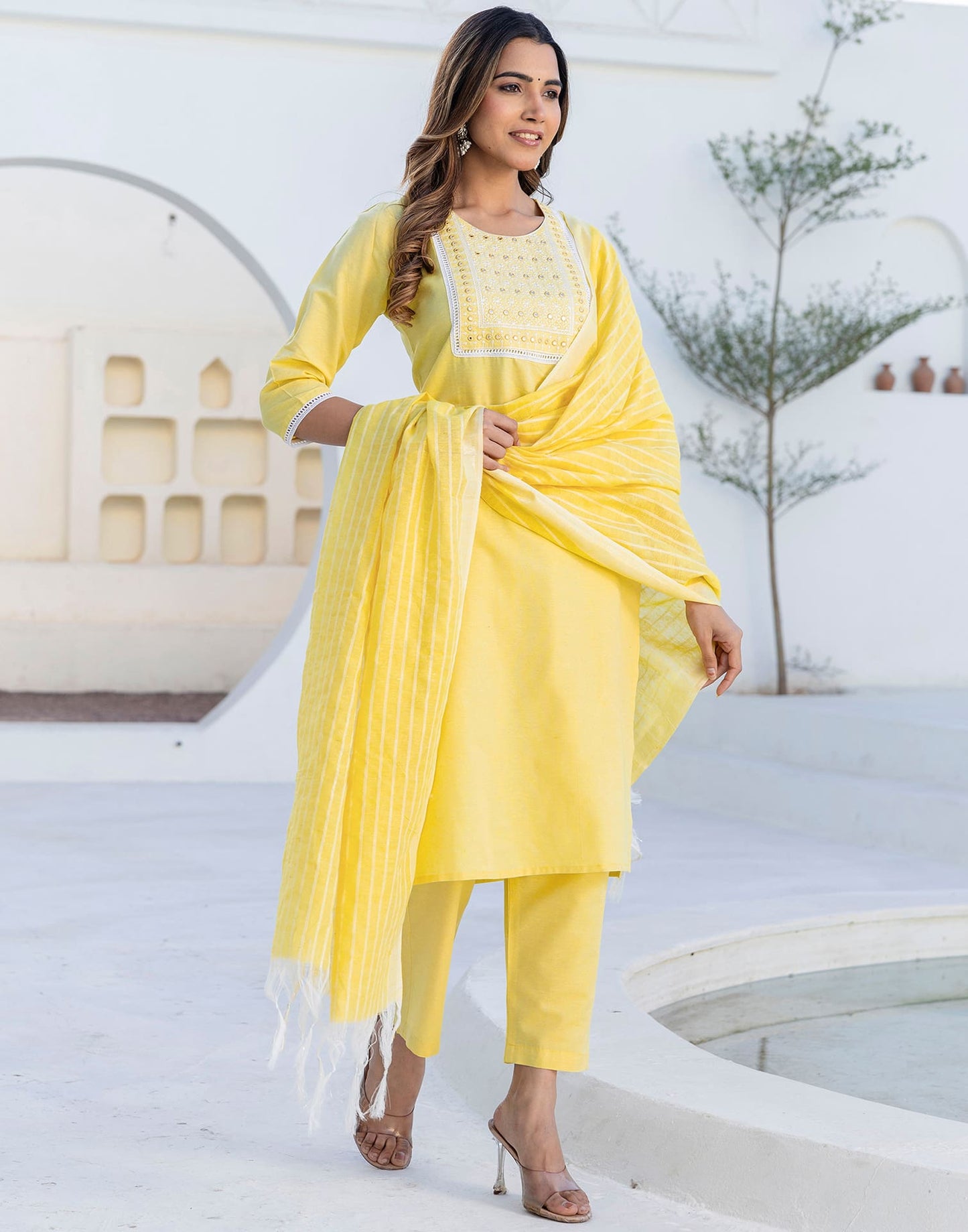 Cotton Embroidery and Mirror Work A-Line Kurta with Pant & Dupatta