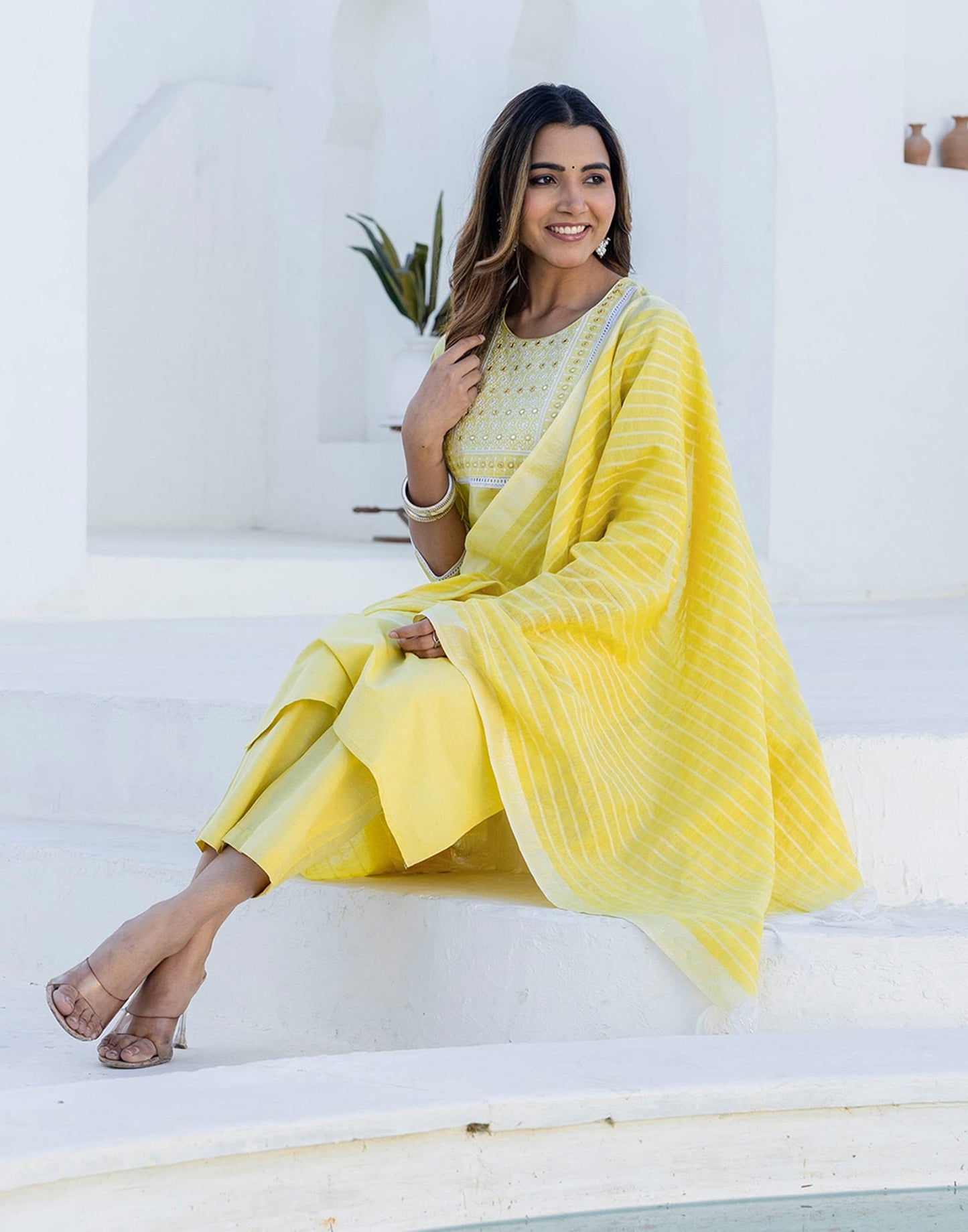 Cotton Embroidery and Mirror Work A-Line Kurta with Pant & Dupatta