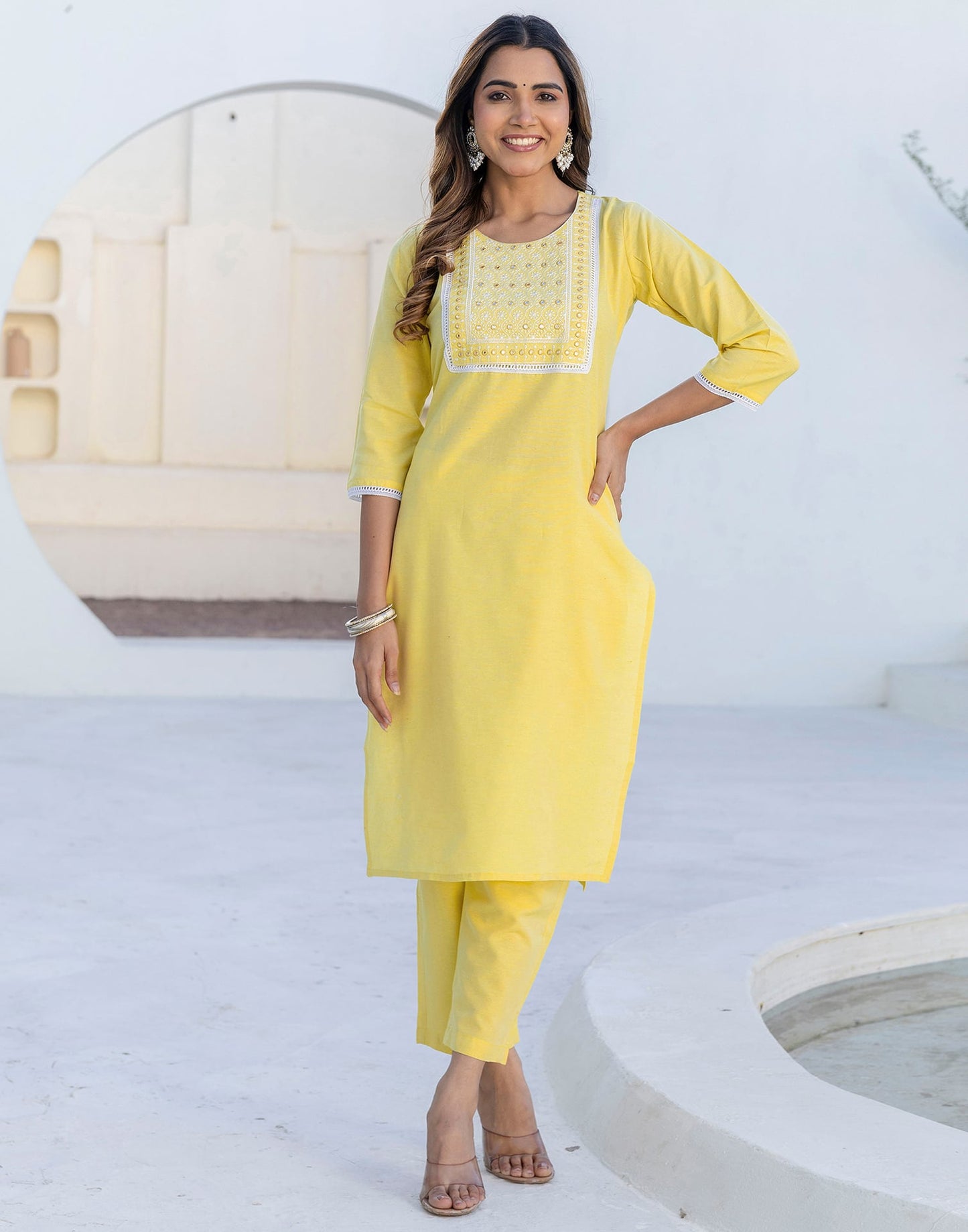 Cotton Embroidery and Mirror Work A-Line Kurta with Pant & Dupatta