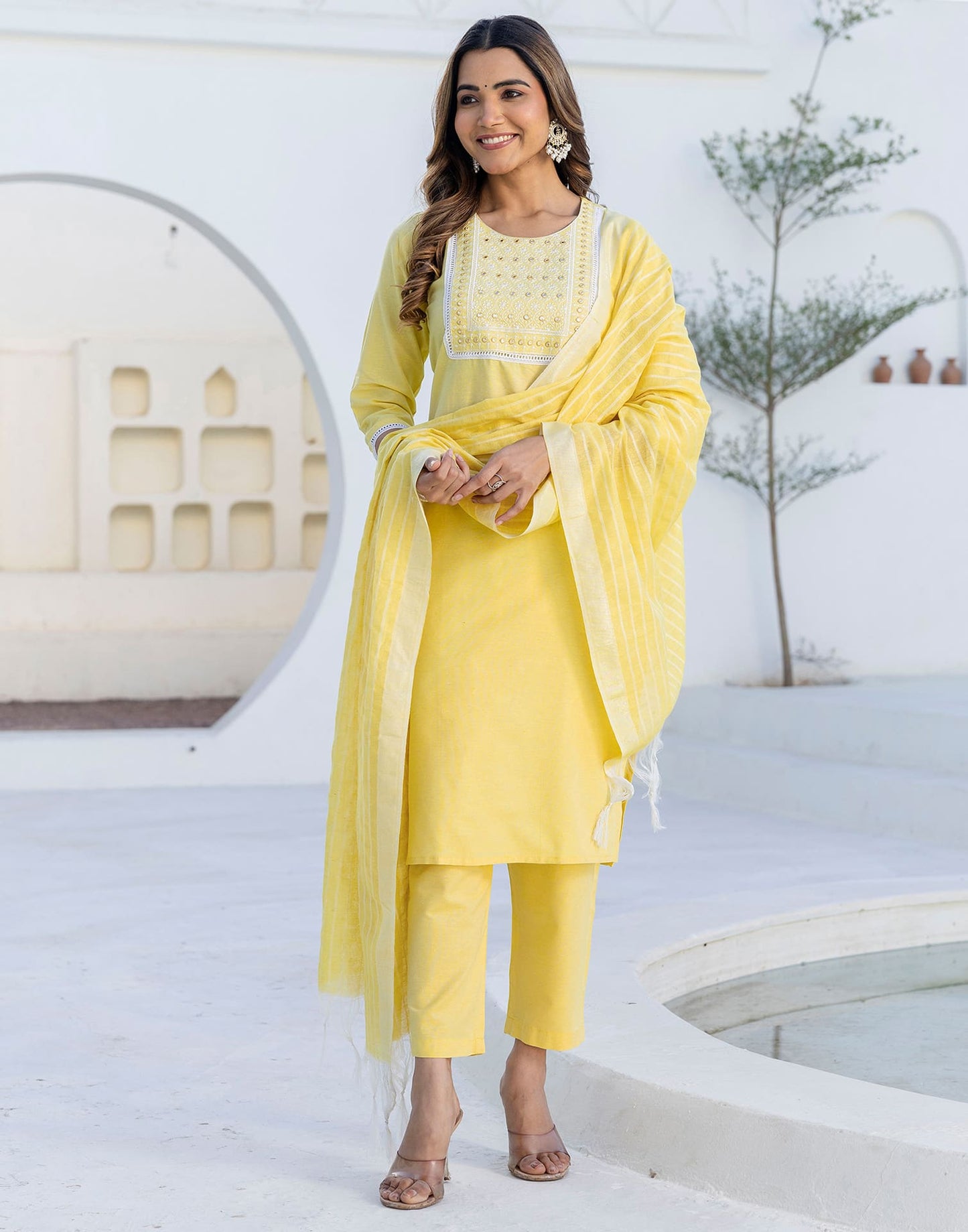 Cotton Embroidery and Mirror Work A-Line Kurta with Pant & Dupatta