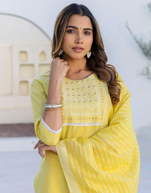 Cotton Embroidery and Mirror Work A-Line Kurta with Pant & Dupatta