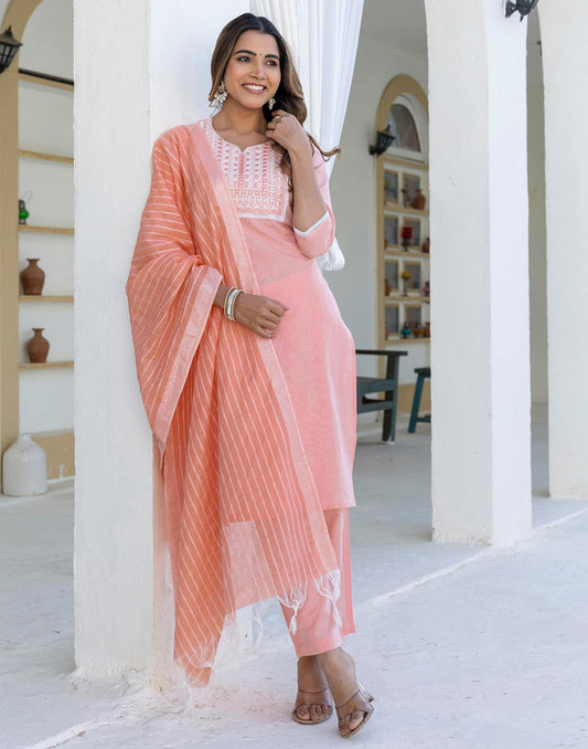 Cotton Embroidery and Mirror Work A-Line Kurta with Pant & Dupatta