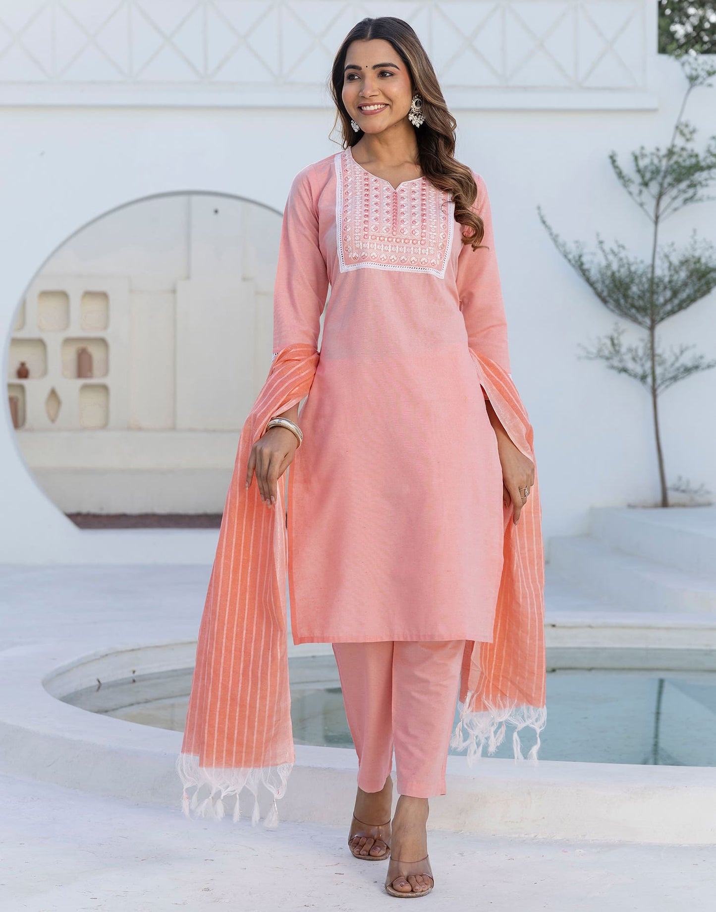 Cotton Embroidery and Mirror Work A-Line Kurta with Pant & Dupatta