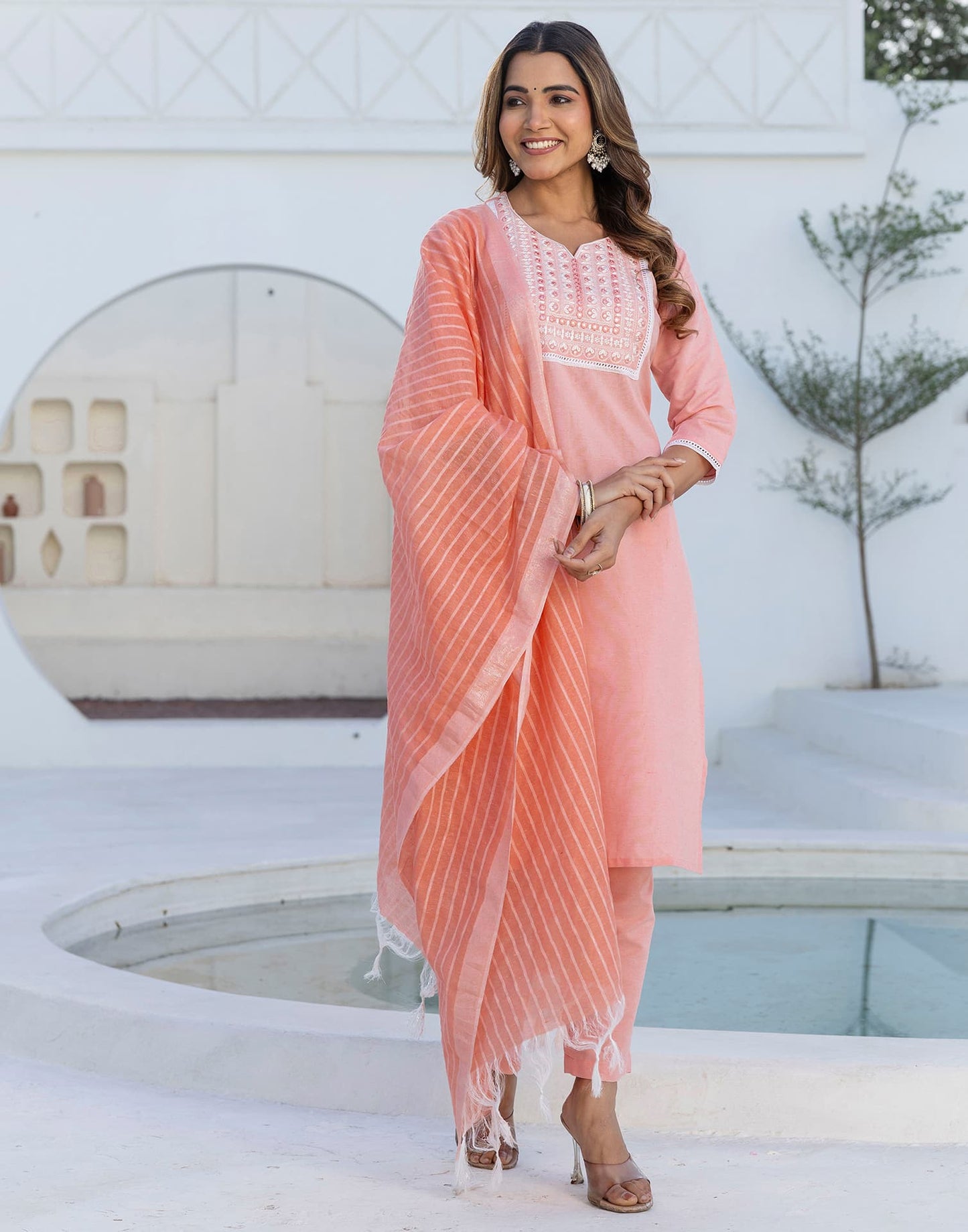 Cotton Embroidery and Mirror Work A-Line Kurta with Pant & Dupatta