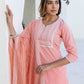 Cotton Embroidery and Mirror Work A-Line Kurta with Pant & Dupatta