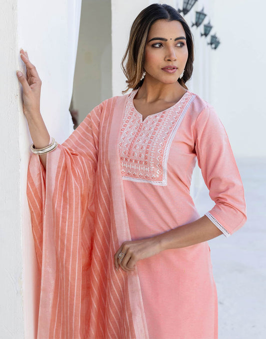 Cotton Embroidery and Mirror Work A-Line Kurta with Pant & Dupatta