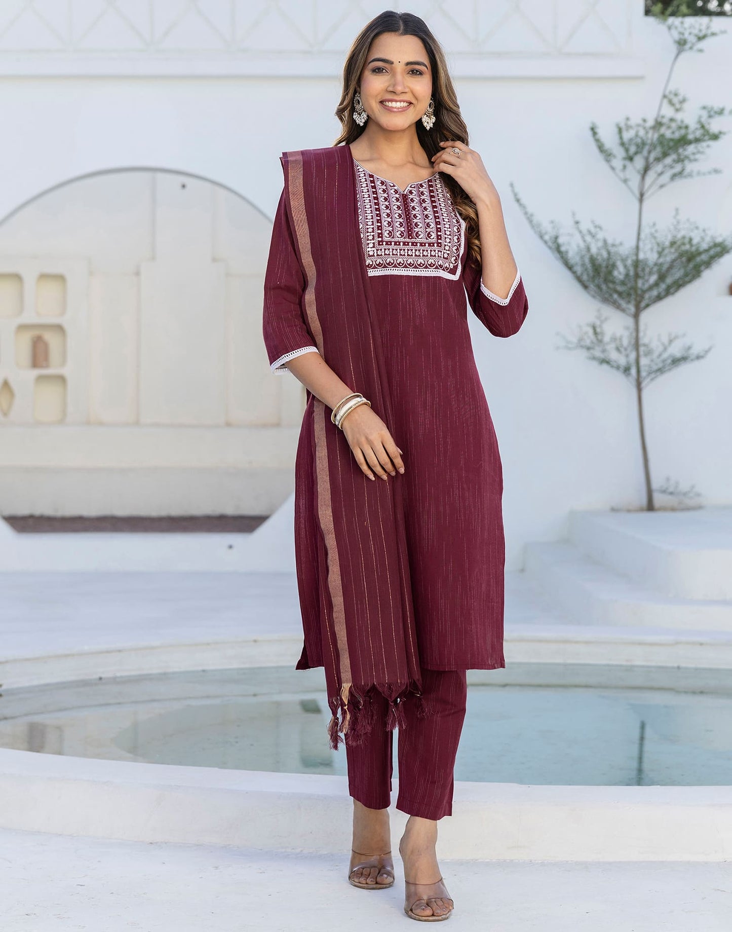Cotton Embroidery and Mirror Work A-Line Kurta with Pant & Dupatta
