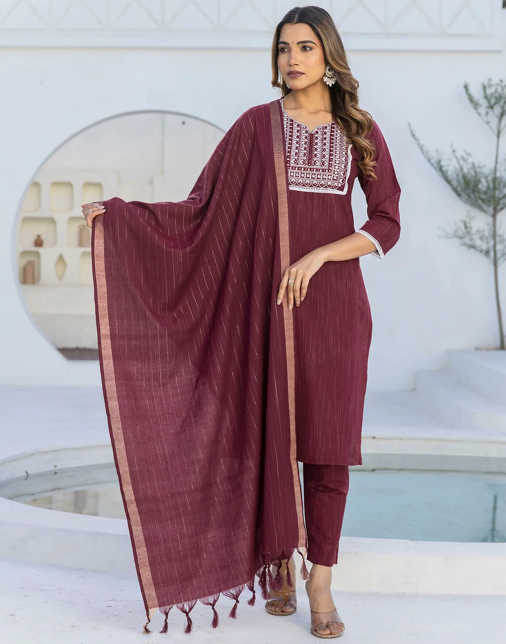 Cotton Woven Embroidered Straight 3 Piece Kurta Set