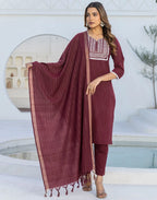Cotton Woven Embroidered Straight 3 Piece Kurta Set