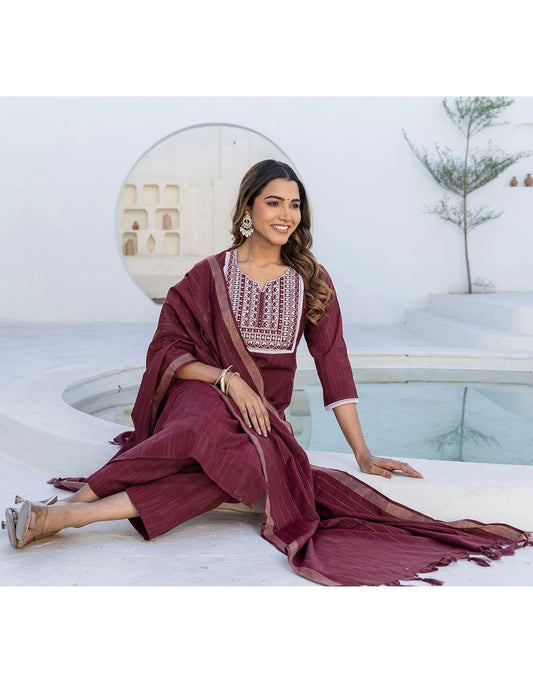 Cotton Embroidery and Mirror Work A-Line Kurta with Pant & Dupatta
