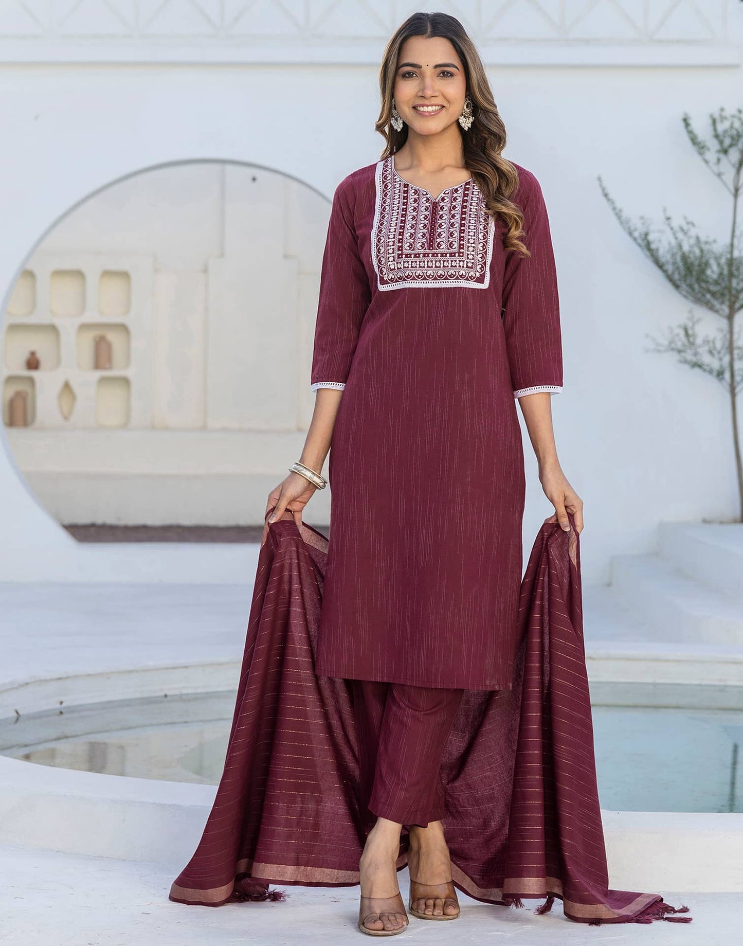 Cotton Embroidery and Mirror Work A-Line Kurta with Pant & Dupatta
