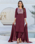 Cotton Woven Embroidered Straight 3 Piece Kurta Set