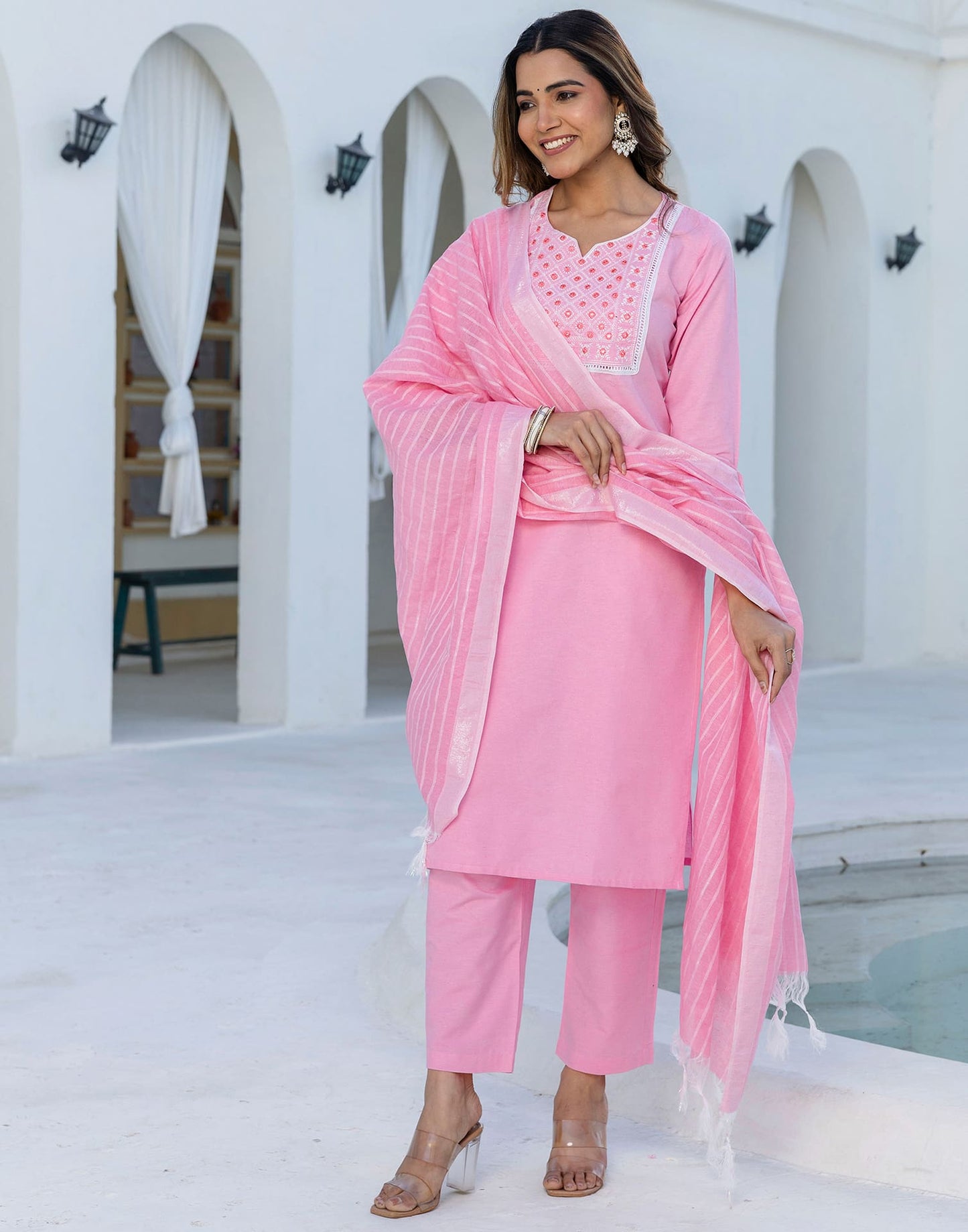 Cotton Embroidery and Mirror Work A-Line Kurta with Pant & Dupatta