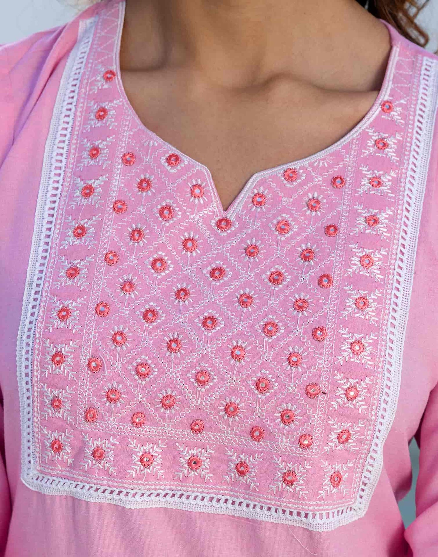 Cotton Embroidery and Mirror Work A-Line Kurta with Pant & Dupatta
